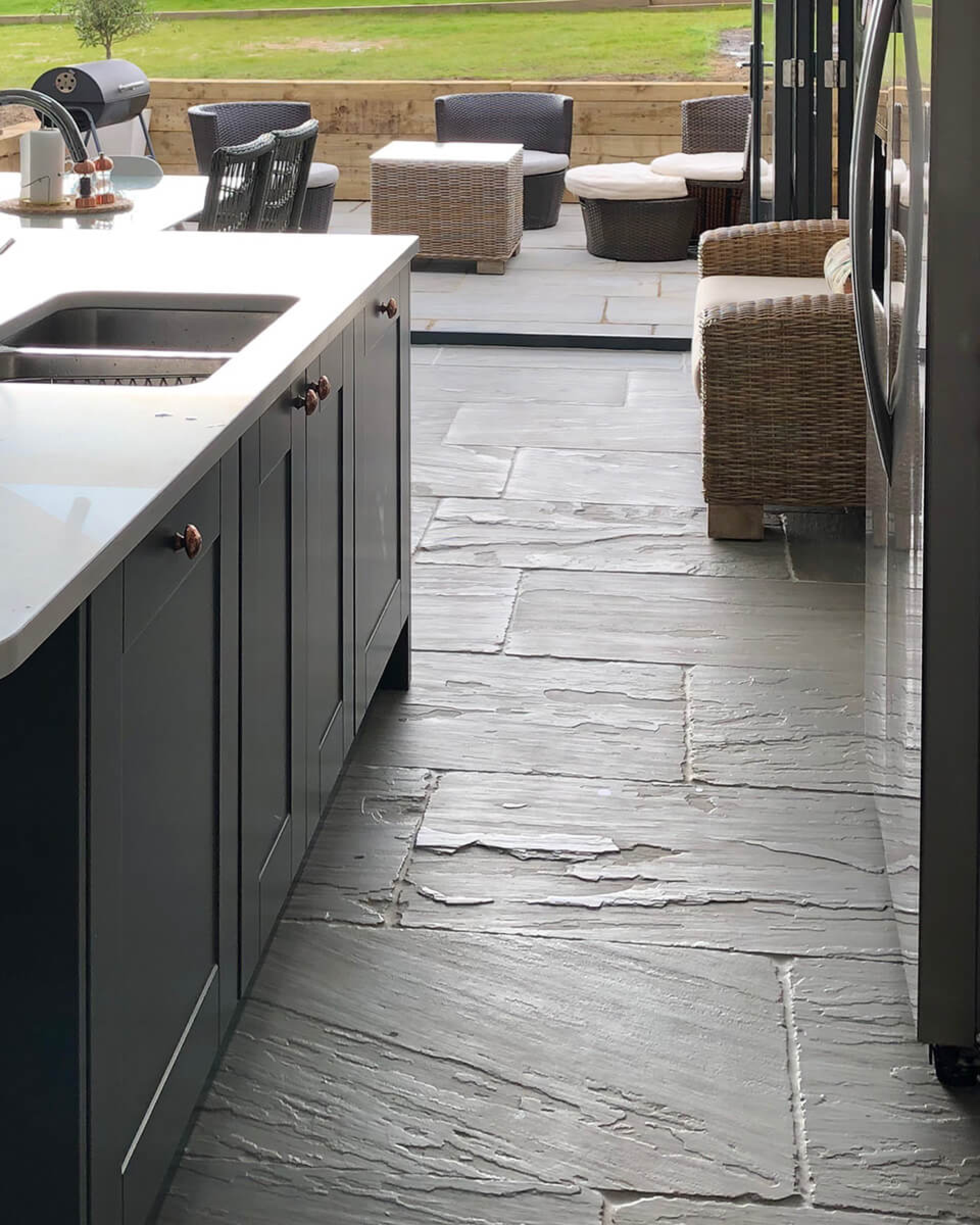 Umbrian Grey Brushed Sandstone Outdoor Paving Slabs | Stone Store